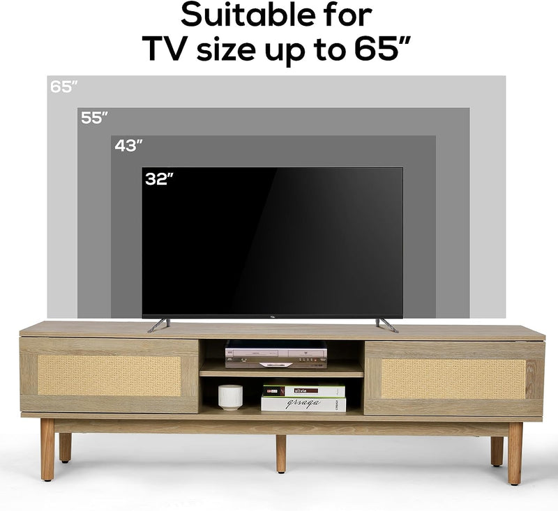 Ohwill Rattan TV Stand up to 65 inches TV, Handcrafted TV Media Console with Sliding Doors and Solid Wood Legs