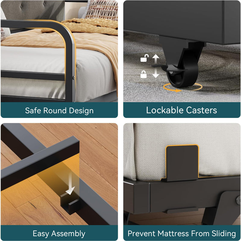 Daybed Sofa Day Bed with Trundle, Twin Bed Frame with Upholstered Headboard, Strong Supports and Charging Station