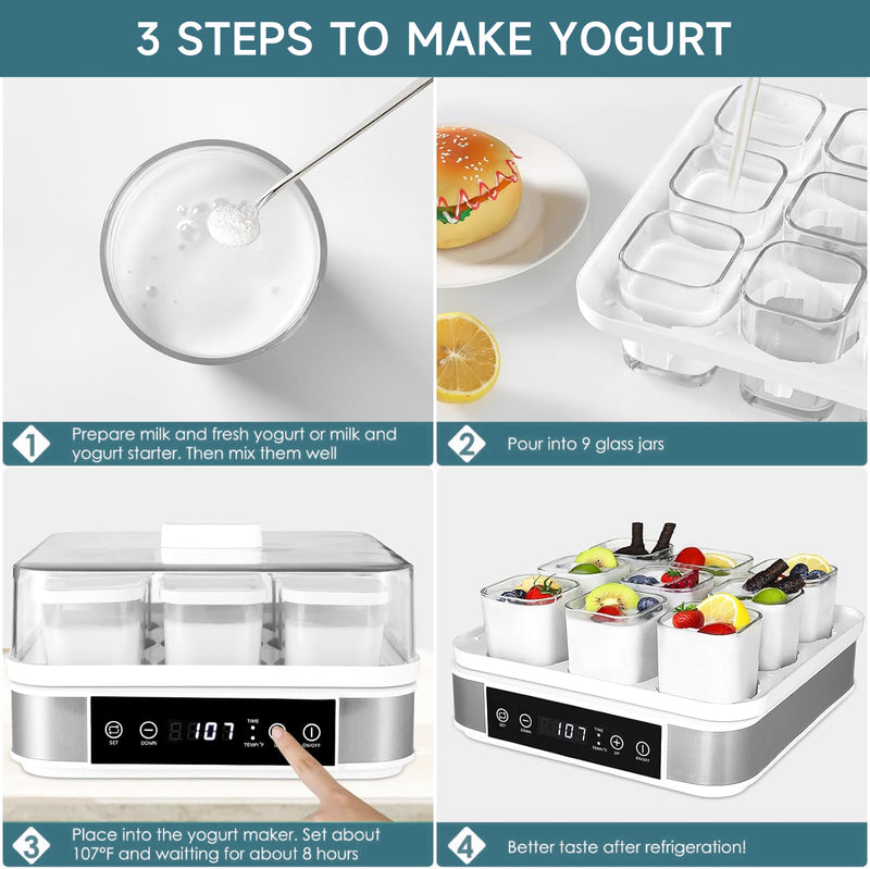 Automatic Digital Yogurt Maker Machine with 9 Glass Jars, Time and Temperature Control