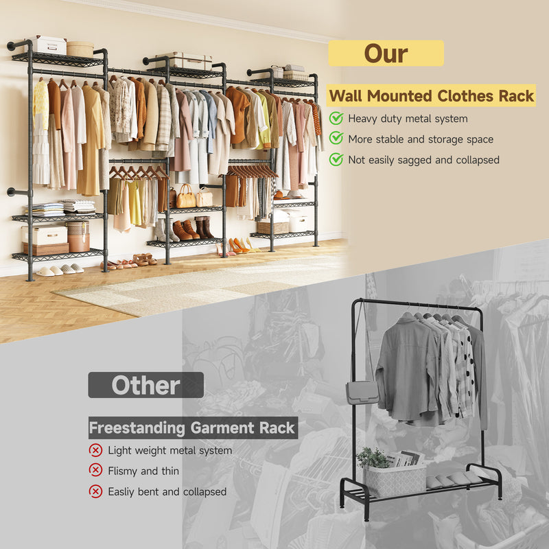 Wall Mounted Closet System, Industrial Pipe Clothing Rack with 4 Adjus ...