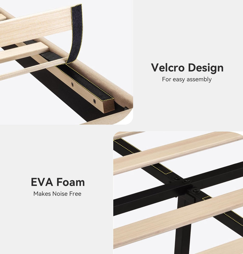 Platform Bed Frame with Fabric Upholstered Headboard and Wooden Slat Support, No Springs Required