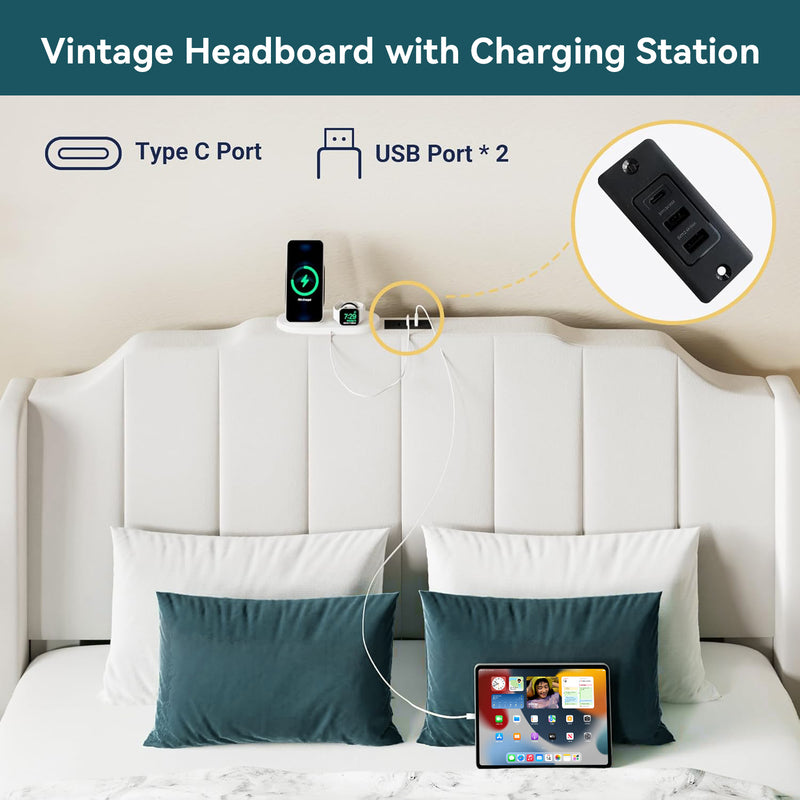 Velvet Bed Frame with Curved Vertical Tufted Wingback Headboard and Footboard, Charging Station Under Bed Storage