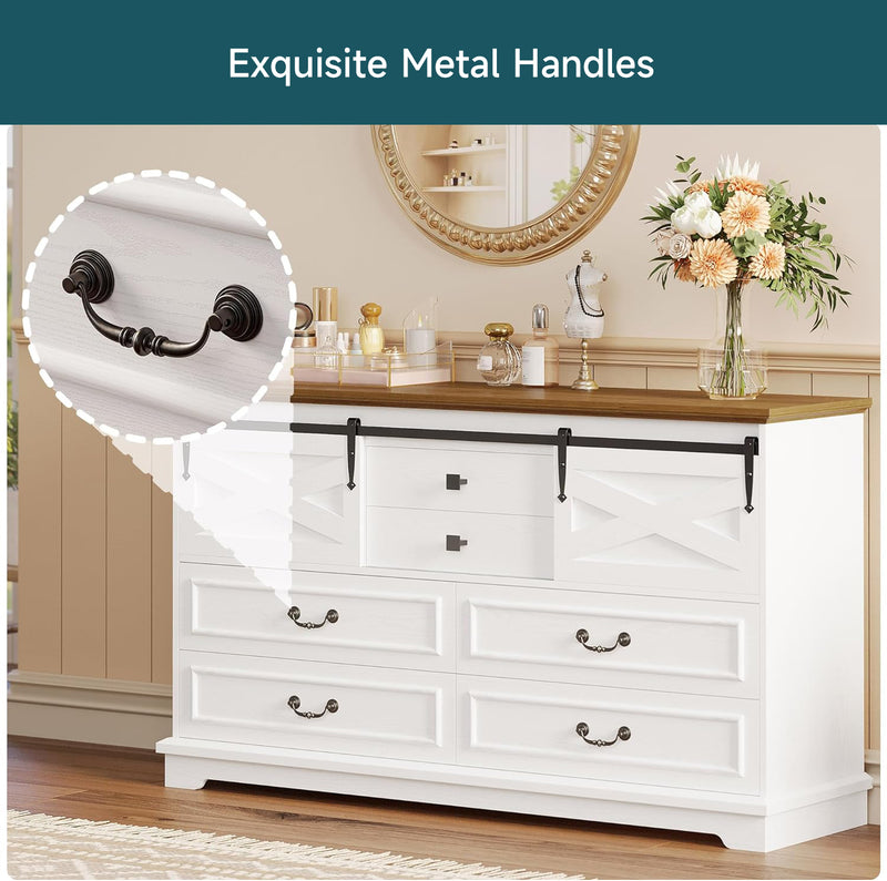 Farmhouse 6 Drawers Dresser, 55.1" Large Drawers, Wooden Chest of Drawers with Sliding Barn Door