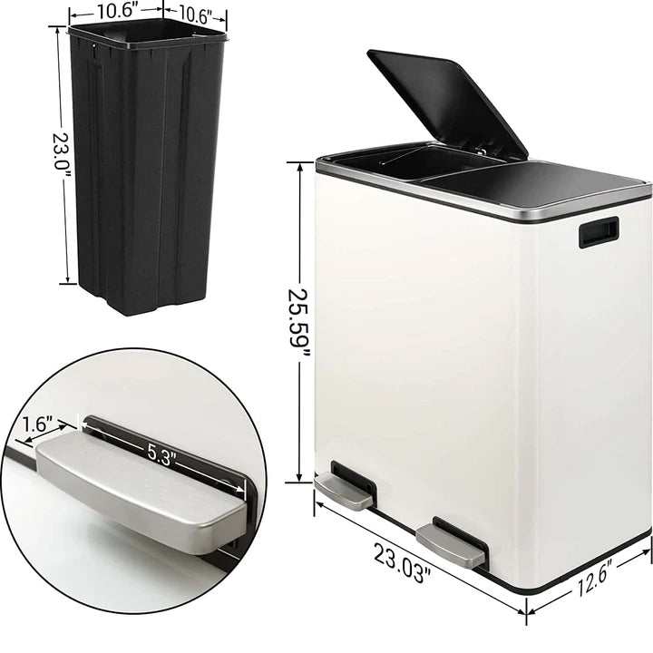 Dual Trash Can 16 Gal (60L) Stainless Steel Large Kitchen Rubbish Bin  with Removable Inner Buckets