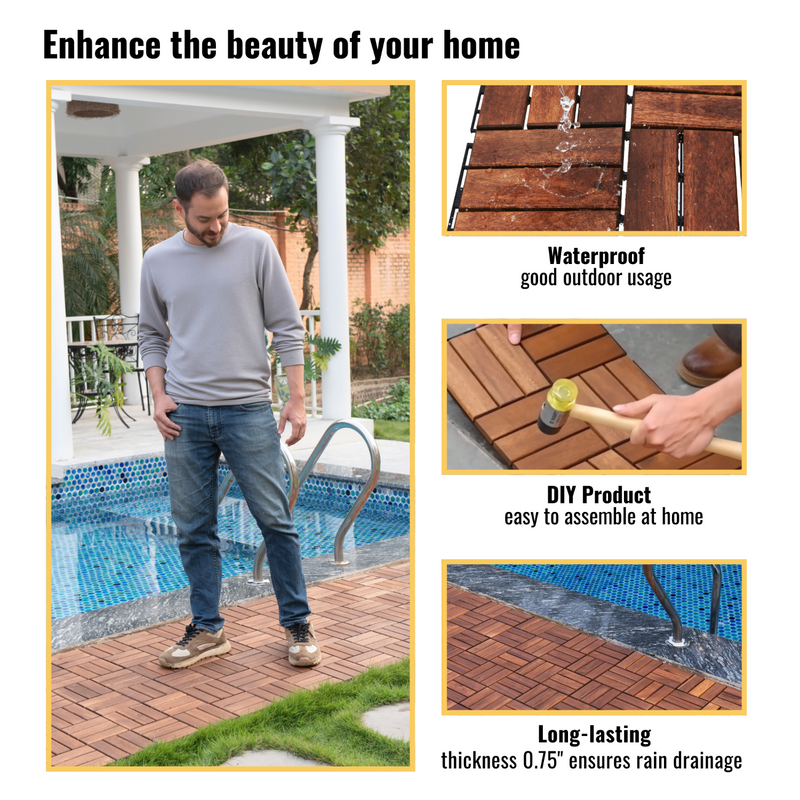 30 PCS Interlocking Deck Tiles, 12"x12" Waterproof Acacia Wood Patio Tiles, Flooring Tiles Outdoor All Weather