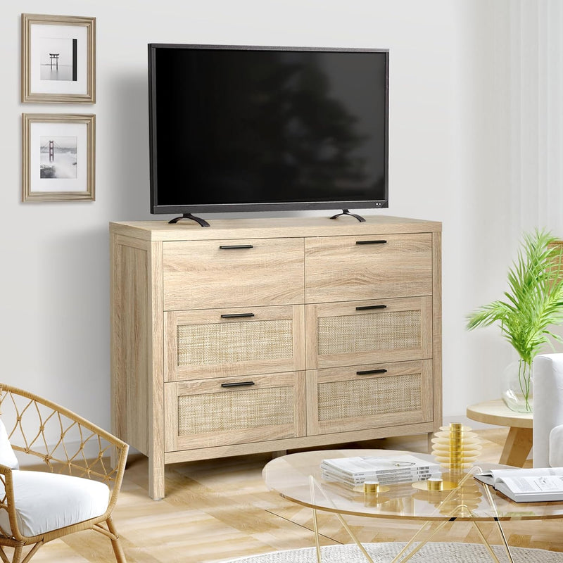OHWILL Rattan Drawer Dresser Wood Storage Chest of Drawers Double Drawer Dresser
