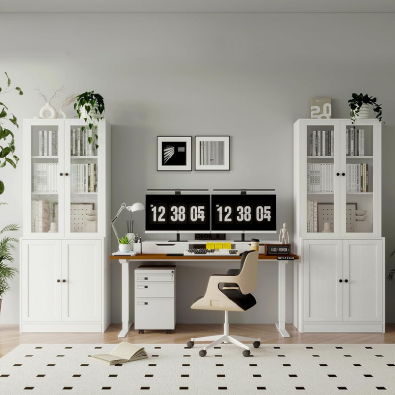 71-inch Bookshelf Bookcase, 5-layer Storage Cabinet with Glass Doors and Shelves
