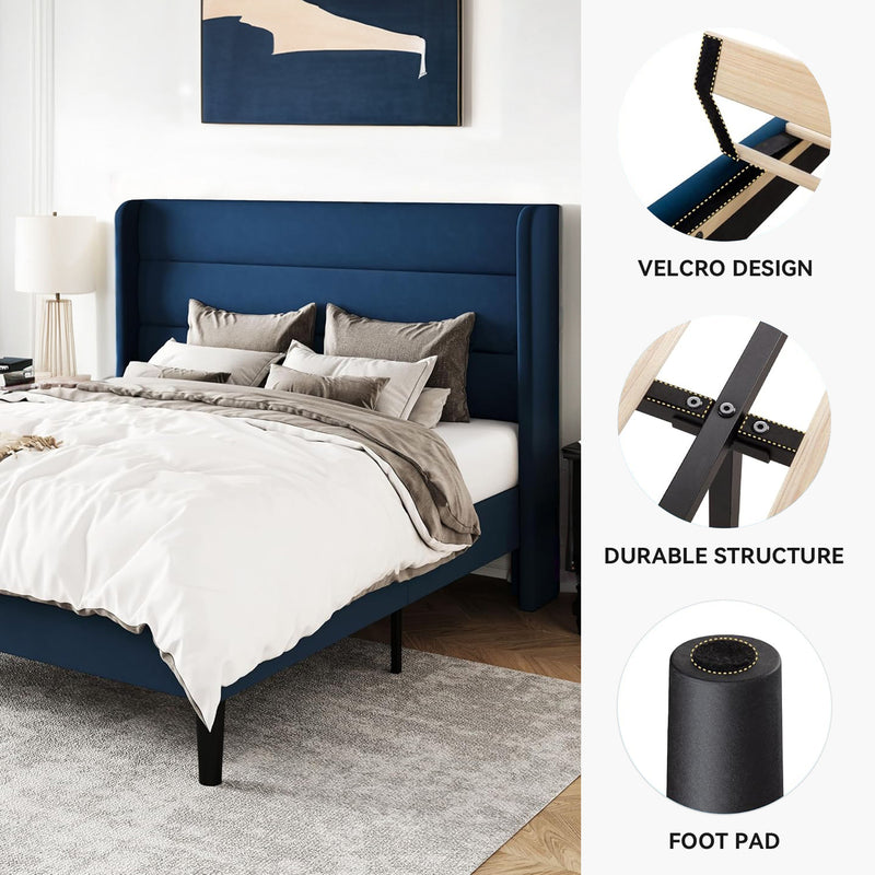 Velvet Platform Bed Frame with Vertical Tufted Wingback Headboard Under Bed Storage, No Box Spring Required