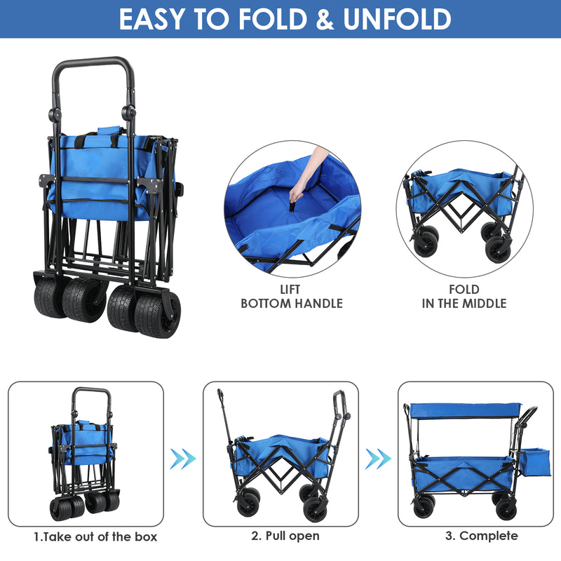 Folding Wagon All-Terrain Wheels Camping Cart with Canopy and Basket