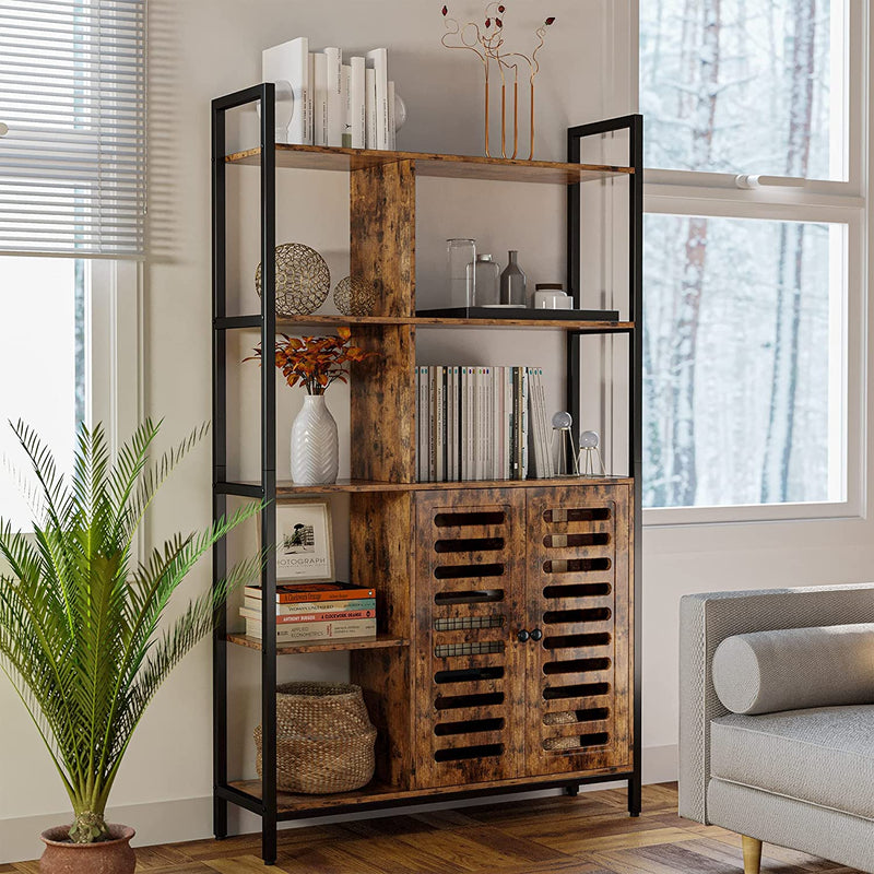 Industrial 5 Tier Bookshelf with Doors Wooden Display Shelf Bookcases and Bookshelves, Vintage Brown