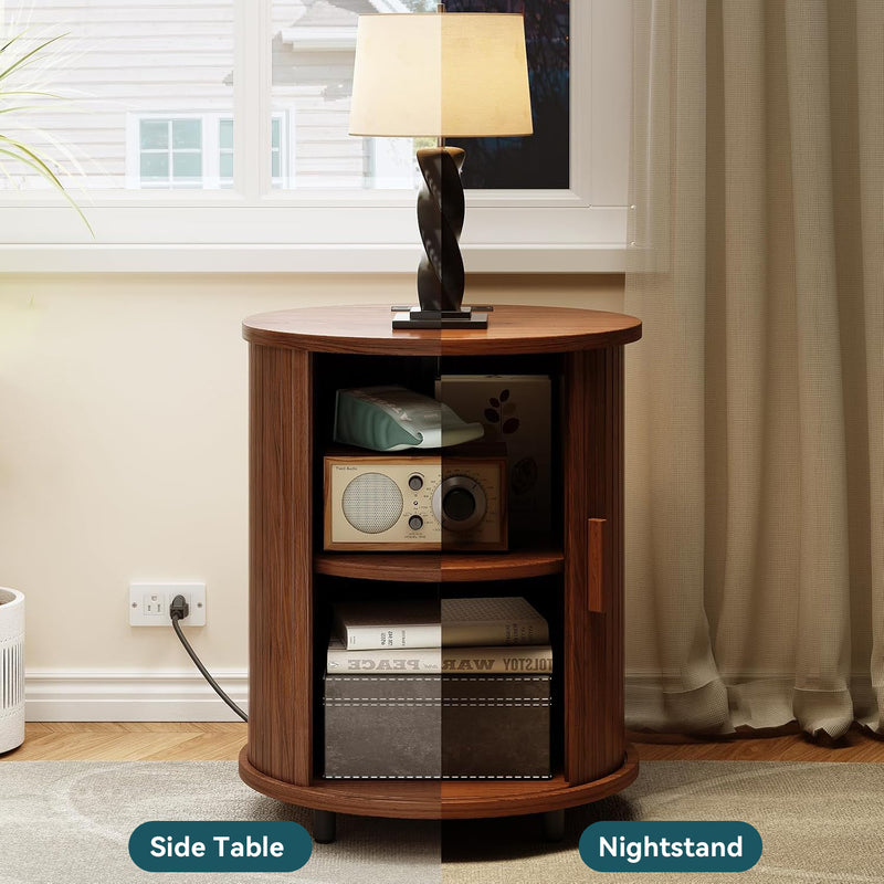 Round Side Table Nightstand Bedside Table, Small End Table with Storage Shelves, Sliding Tambour Door, Power Outlets