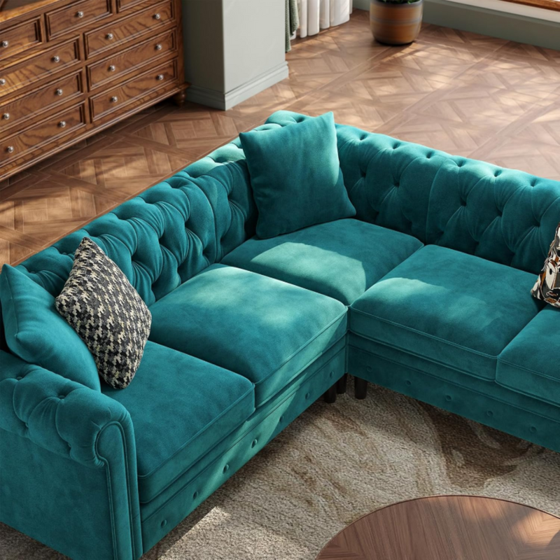 Chesterfield L-Shaped Sectional Sofa, Velvet 5 Seater Counch with 3 Throw Pillows, Tufted Corner Couch with Rolled Armrest