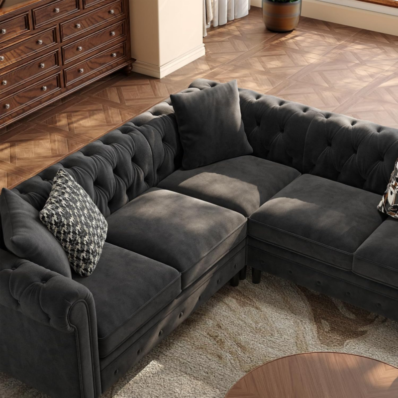 Chesterfield L-Shaped Sectional Sofa, Velvet 5 Seater Counch with 3 Throw Pillows, Tufted Corner Couch with Rolled Armrest