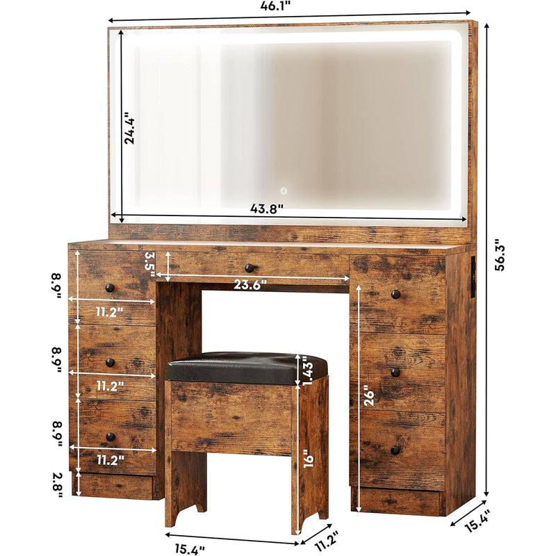 Makeup Vanity Dressing Desk Set with LED Lighted Mirror & Power Outlet, 7 Drawers