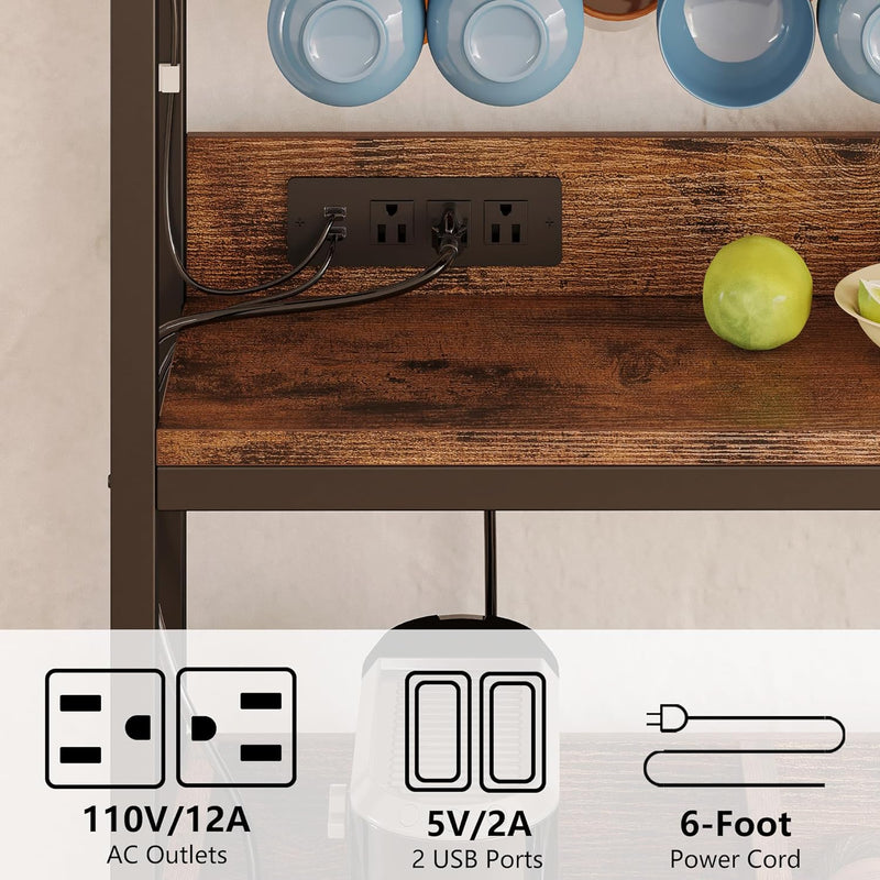 Coffee Bar Cabinet LED Industrial Buffet Cabinet 3-Tiers with Power Outlet, Glass Holder