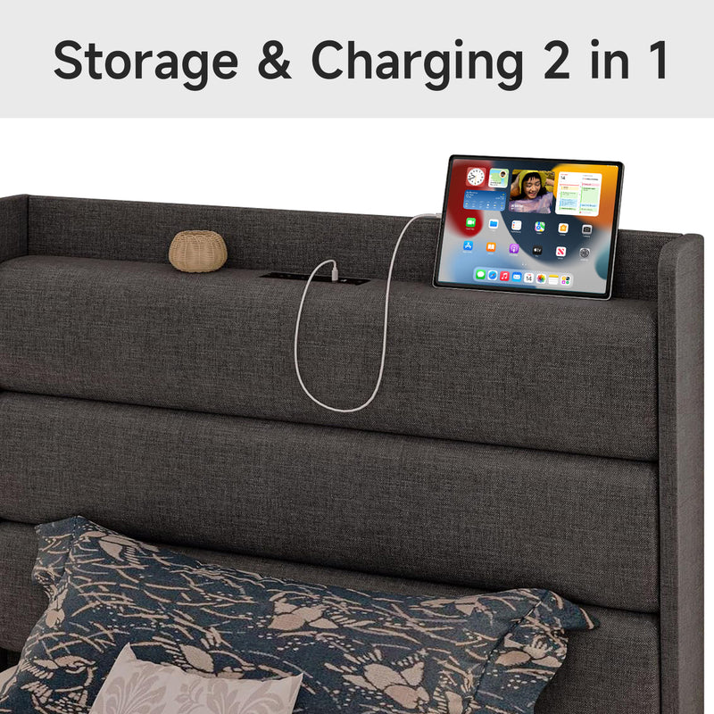 Twin Size Bed Frame With Storage Headboard and Outlets, Gray