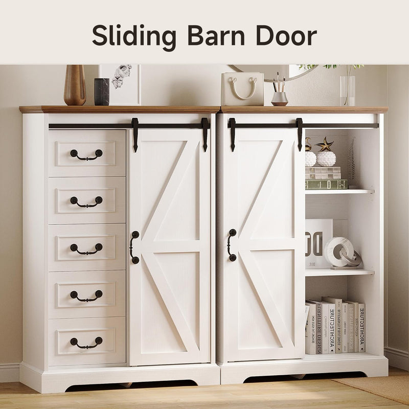 5 Drawer Dresser for Bedroom, 48" Tall Dresser Chest of Drawers, Dresser Storage Cabinet with Sliding Barn Doors