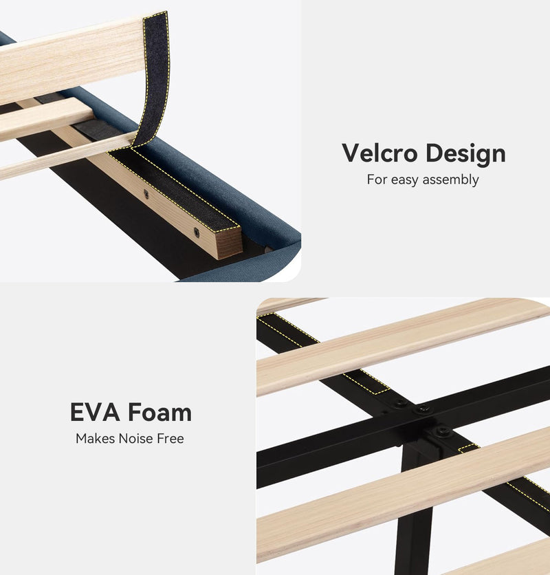Platform Bed Frame with Fabric Upholstered Headboard and Wooden Slat Support, No Springs Required