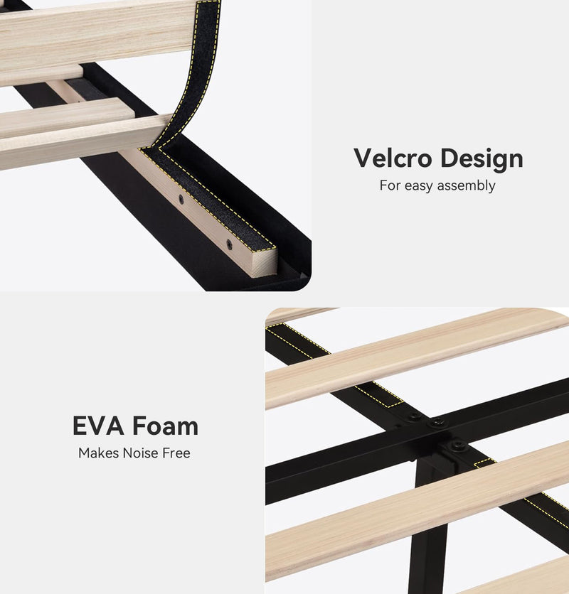 Platform Bed Frame with Fabric Upholstered Headboard and Wooden Slat Support, No Springs Required