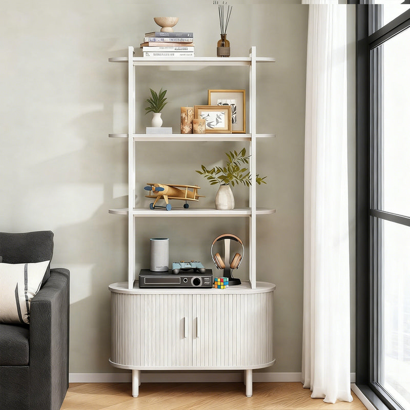 71 Inch Modern Bookshelf Bookcase 4-Tier Storage Bookshelves with Sliding Door and Adjustable Footpad