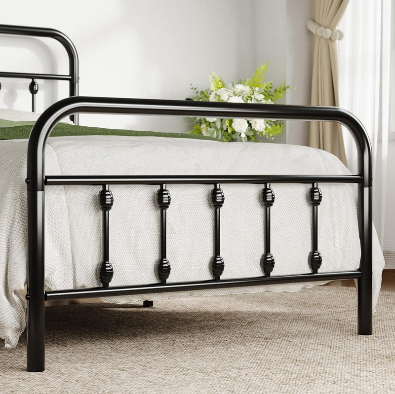 Twin Size Metal Platform Bed Frame with Victorian Style Iron-Art Headboard Mattress Foundation Under Bed Storage