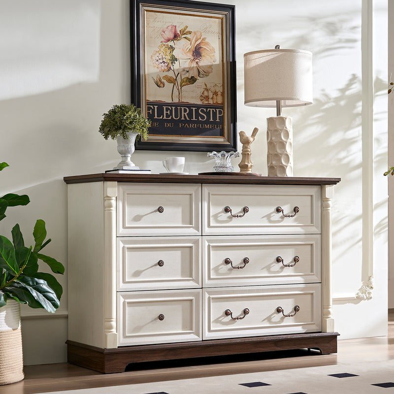 6 Drawer Dresser, Farmhouse Style Storage Dresser Organizer with Base Wooden Rustic Chest of Drawers