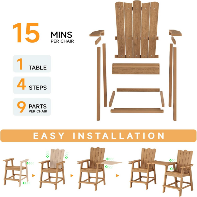 Tall Balcony Chair 2-Piece Set with Removable Connecting,  Outdoor Adirondack Chairs with Cup Holder and Umbrella Hole