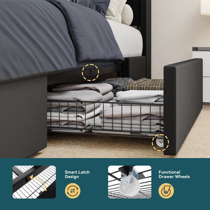 Upholstered Bed Frame with 3 Drawers Storage and and Headboard with USB Ports, No Box Spring Needed