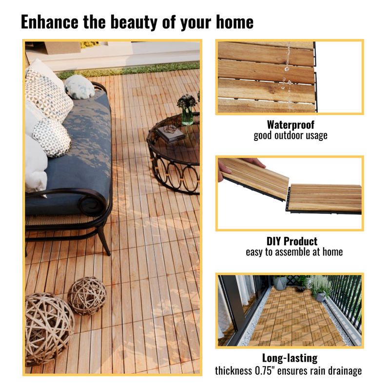 30 PCS Interlocking Deck Tiles, 12"x12" Waterproof Solid Acacia Wood Patio Tiles, Flooring Tiles Outdoor All Weather