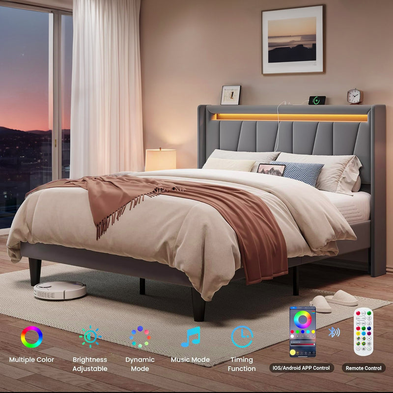 Grey Velvet Upholstered Platform Bed Frame - King Size