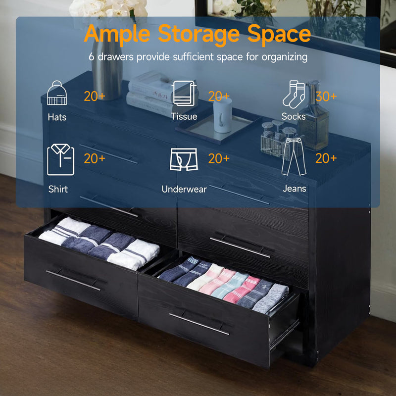 55" Dressers with 6 Drawer Dresser Chests of Drawers with Metal Handles, Black
