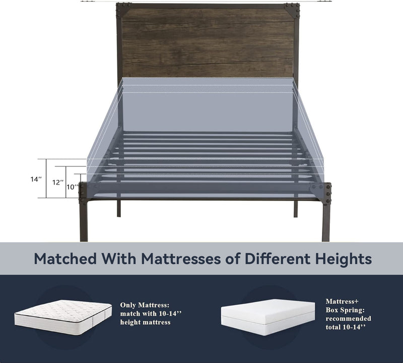 Twin Size Metal Platform Bed Frame with Wood Headboard, Rivet Decoration
