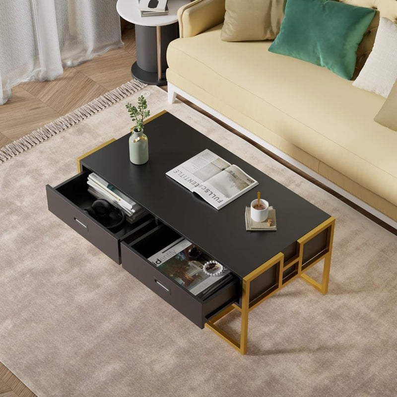 42.5 inch Rectangle Coffee Table Modern Living Room Table with Gold Base and Storage Drawers