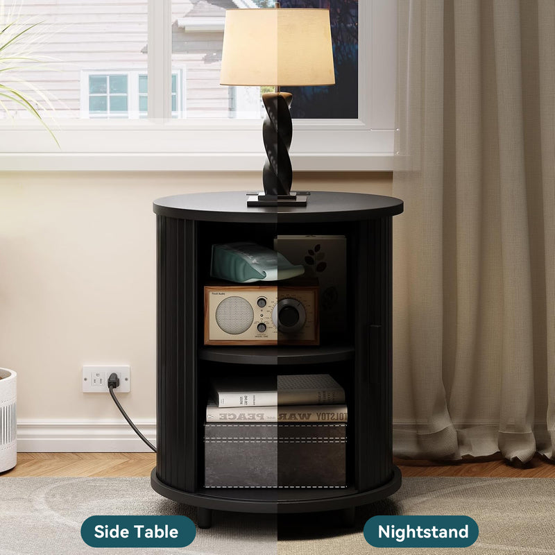 Round Side Table Nightstand Bedside Table, Small End Table with Storage Shelves, Sliding Tambour Door, Power Outlets