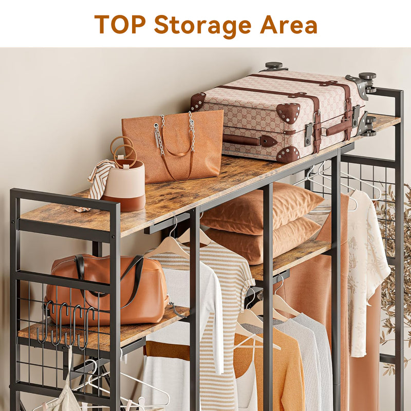 Freestanding Garment Rack with 4 Wooden Drawers, Hanging Rods and Storage Shelves, Heavy Duty Closet Wardrobe Rack, Industrial Vintage Brown