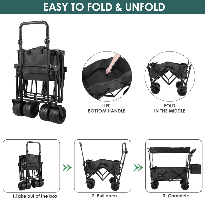 Folding Wagon All-Terrain Wheels Camping Cart with Canopy and Basket