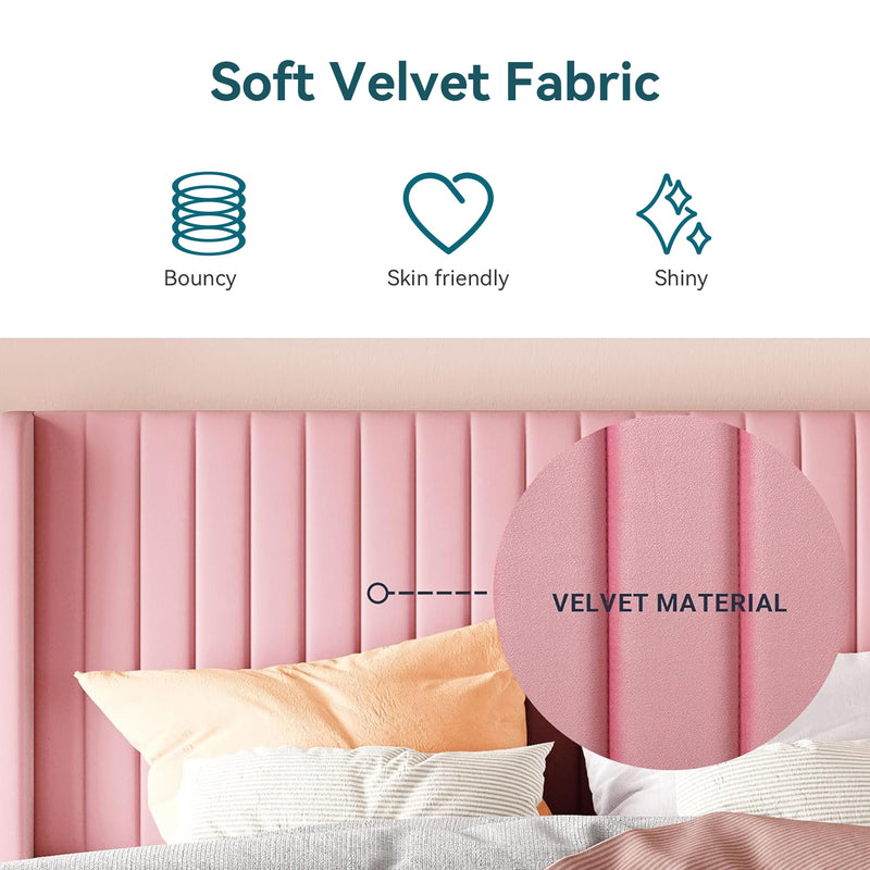 Velvet Upholstered Platform Bed Frame with Vertical Line Tufted Adjustable Headboard