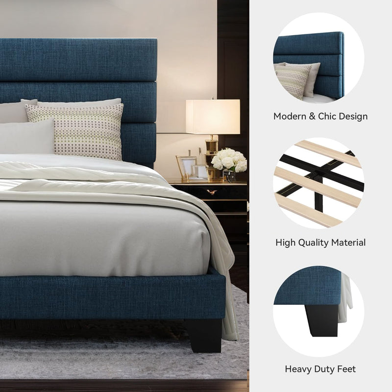 Platform Bed Frame with Fabric Upholstered Headboard and Wooden Slat Support, No Springs Required