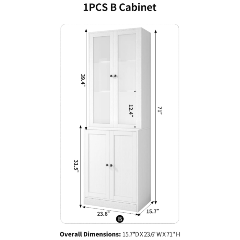 71-inch Bookshelf Bookcase, 5-layer Storage Cabinet with Glass Doors and Shelves