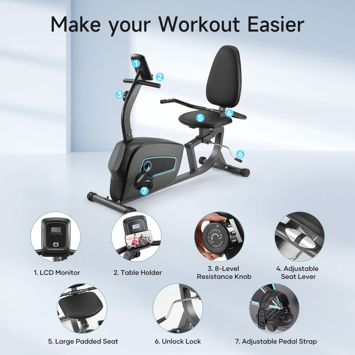 JLL RE200 Recumbent Exercise Bike, Home Use Bike, 8 Levels Of Magnetic Resistance, 6 Readout Monitor, 12 Month's Warranty