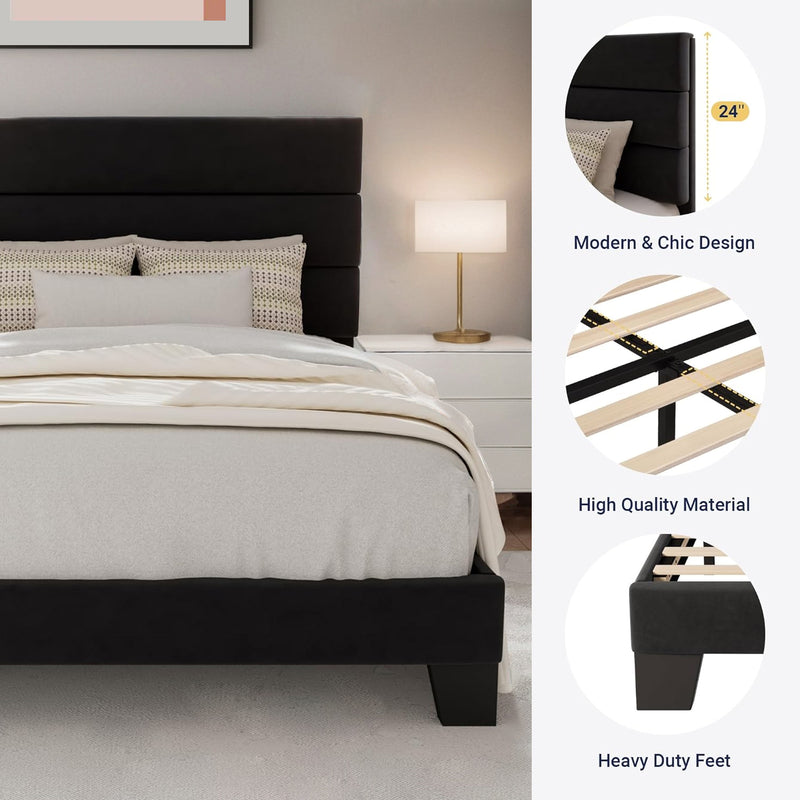 Twin Size Velvet Bed Frame Platform Bed Frame with Velvet Upholstered Headboard and Wooden Slats Support, Fully Upholstered Mattress Foundation
