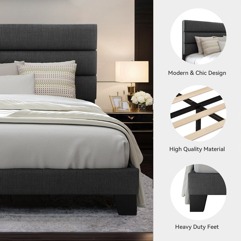 Platform Bed Frame with Fabric Upholstered Headboard and Wooden Slat Support, No Springs Required