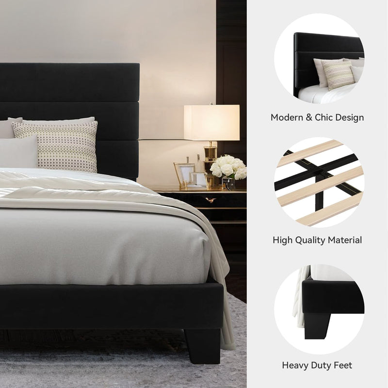 Platform Bed Frame with Fabric Upholstered Headboard and Wooden Slat Support, No Springs Required