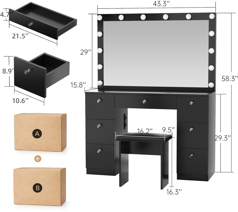 44 inch Makeup Vanity Desk with Lighted Mirror, Power Outlet, 7 Drawers, 3 Brightness