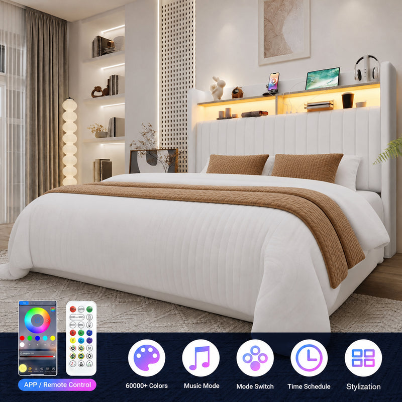 Lift Up Storage Bed Frame with Charging Station & LED Lights, Upholste ...