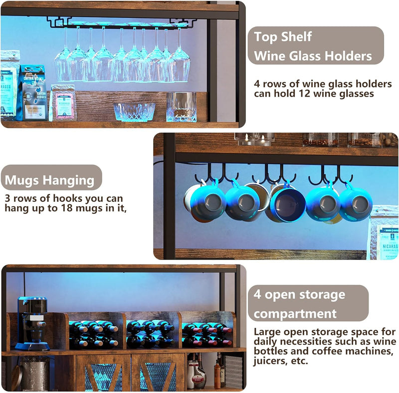 Coffee Bar Cabinet LED Industrial Buffet Cabinet 3-Tiers with Power Outlet, Glass Holder