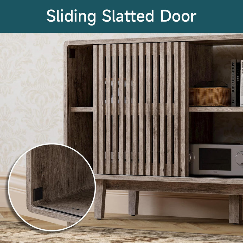 30“Tall TV Stand for 55/60/65 inch TV, Tall Entertainment Center with Power Outlets, Rustic Media Console with Shelves and Grille Sliding Doors