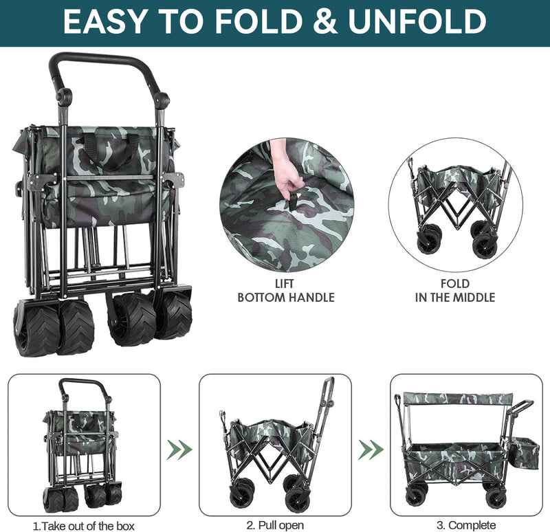 Folding Wagon All-Terrain Wheels Camping Cart with Canopy and Basket