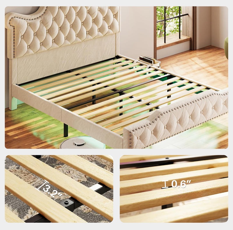 LED Noiseless Bed Frame with 58 inch Tall Tufted Headboard, Small Storage Box, No Box Spring Required