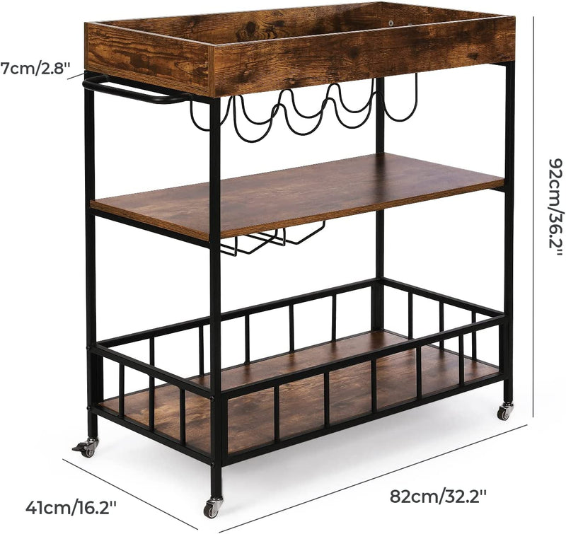 Ohwill Industrial Bar Cart with Wheels for the Home, Beverage Cart Bar Serving Liquor Cart with Glass Holders